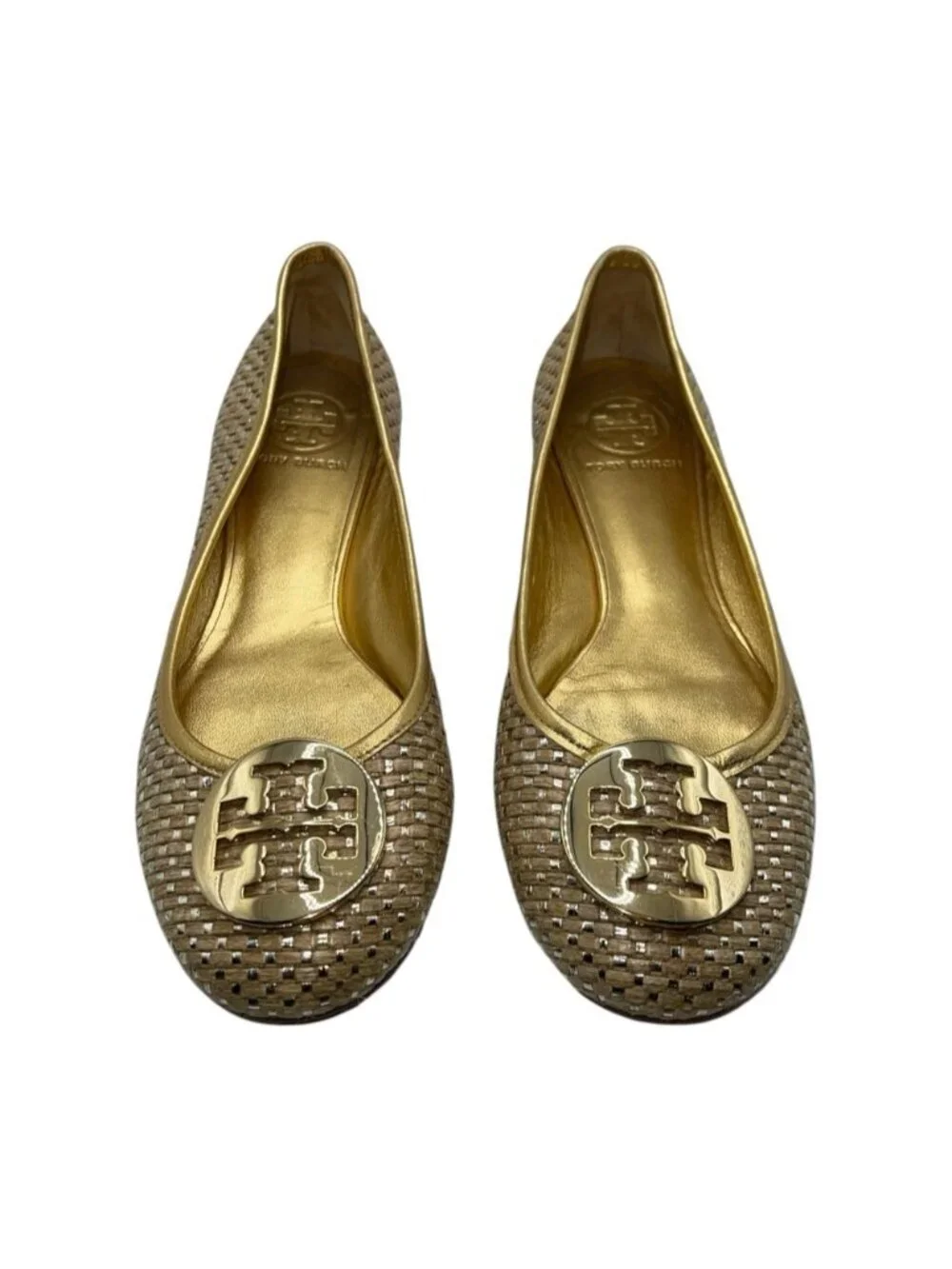 Tory Burch Reva Straw & Gold Leather Ballet Flats Medallion Women's Size 8 US